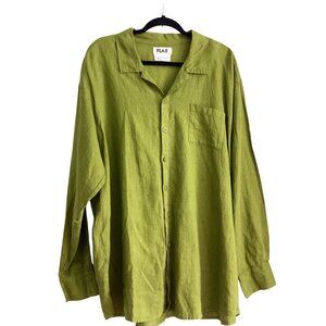 Flax 100% Linen Button Front Tunic Shirt Top L Plus Size 18/20 Green Long Sleeve